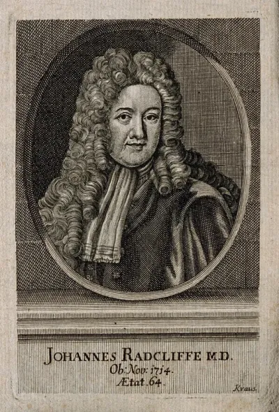 John Radcliffe. Line engraving by J.U. Kraus after Sir G. Kneller, 1710