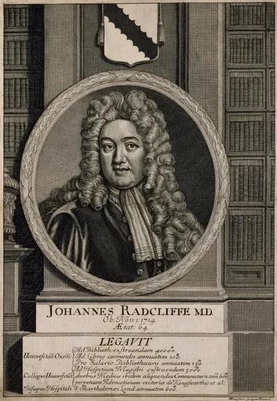 John Radcliffe. Line engraving by M. Burghers after Sir G. Kneller, 1710