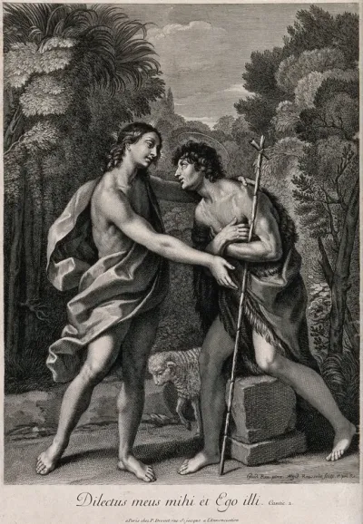 John the Baptist embraces Jesus, whom he has been awaiting