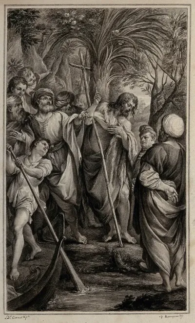 John the Baptist preaching to a crowd at the river Jordan