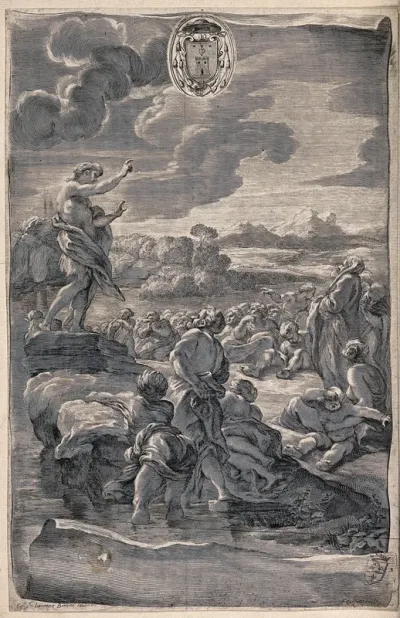 John the Baptist preaching to a multitude at the river Jordan