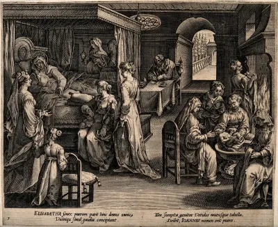 John the Baptist receiving his first bath, Elizabeth is recovering in bed while Zacharias is recording the childs name