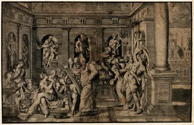 John the Baptist receiving his first bath, Elizabeth is recovering in bed while Zacharias is recording the childs name