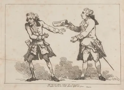 John Wolcot (Peter Pindar) with a copy of his 'Odes' in his pocket, shrinks from an approaching gentleman with a paper labelled 'pension'