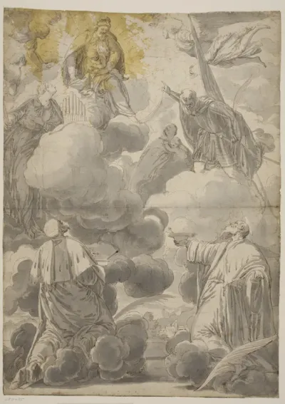 Jomfru Maria med barnet i skyerne omgivet af engle og Skt. Cosmas og Damianos, Skt. Cecilia, Skt. Secundus og Skt. Marina