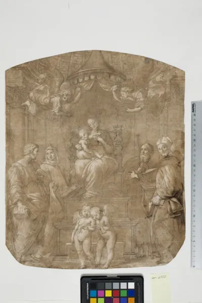Jomfru Maria med barnet omgivet af helgenerne Peter, Bernhard (eller Bruno), Jakob, Augustin og fire engle. Efter Raphaels "Madonna del Baldacchino"