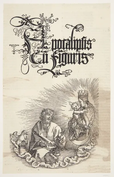 Jomfru Maria med barnet viser sig for Johannes. Titelblad til Johannes' Åbenbaring