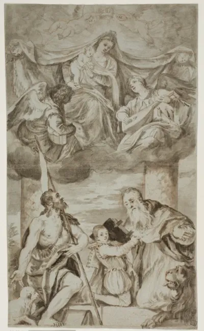 Jomfru Maria med Jesusbarnet omgivet af engle i skyerne med Johannes Døberen og Hieronymus, efter Paolo Veroneses maleri tidligere i S. Francesco della Vigna, Venedig