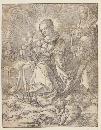 Jomfru Maria med Jesusbarnet, siddende på en græsbænk
