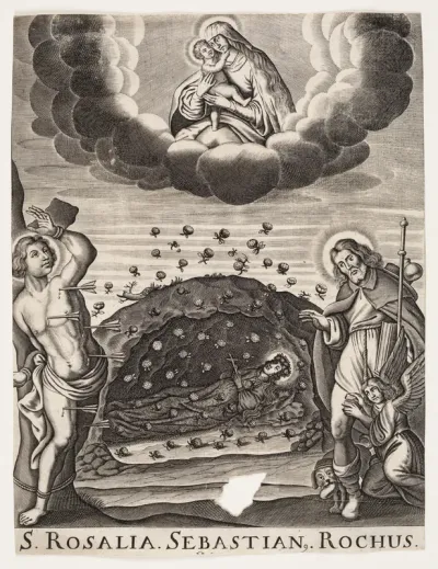 Jomfru Maria og Jesusbarnet i himlen, underneden den hellige Rosalia, Sebastian og Rochus (S. Rosalia. Sebastian. Rochus)