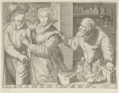 Jong paar en een oude man met geldkist (Ongelijke liefde)