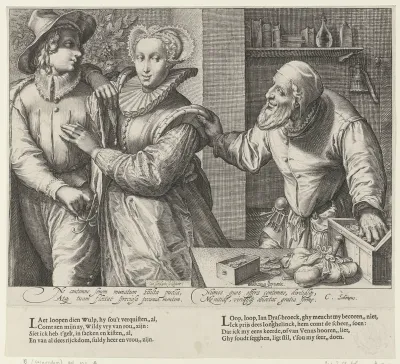 Jong paar en een oude man met geldkist (Ongelijke liefde)