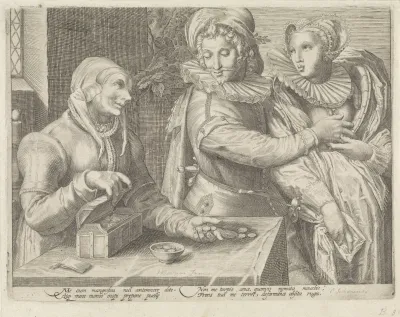 Jong paar en een oude vrouw met geldkist (Ongelijke liefde)
