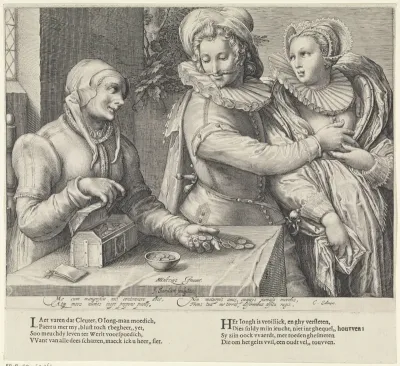 Jong paar en een oude vrouw met geldkist (Ongelijke liefde)