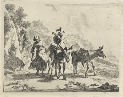 Jonge herder op een ezel en een herderin