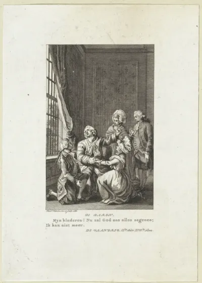 Jonge man en een jonge vrouw knielen aan de voeten van een heer