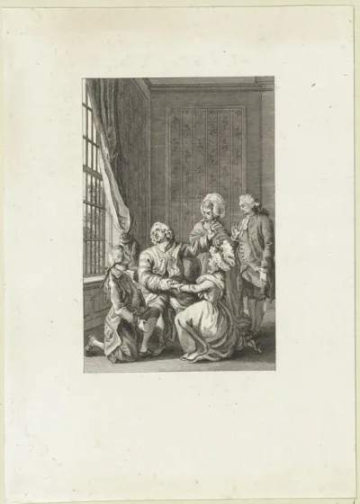 Jonge man en een jonge vrouw knielen aan de voeten van een heer