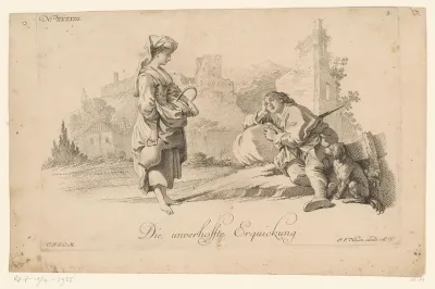 Jonge man en jonge vrouw op de weg bij een ruïne