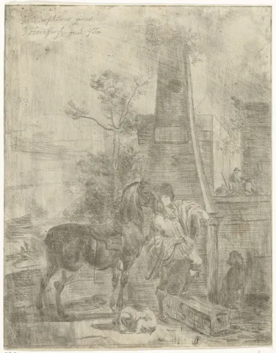 Jonge man met een paard bij een monument