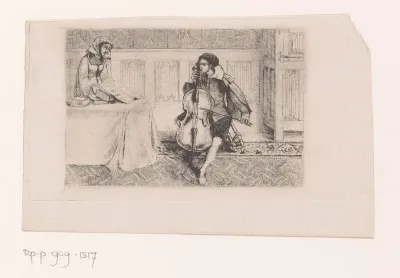 Jonge man speelt cello voor de edelvrouw die zijn bladmuziek vasthoudt