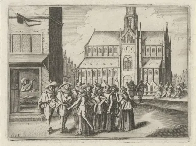 Jonge mannen en vrouwen voor de Sint Bavo kerk te Haarlem