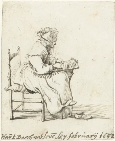 Jonge vrouw bezig met het maken van kant, in profiel