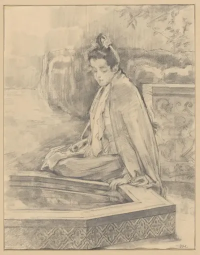 Jonge vrouw bij de fontein bij het paviljoen van Karel V in het Koninklijk Paleis te Sevilla