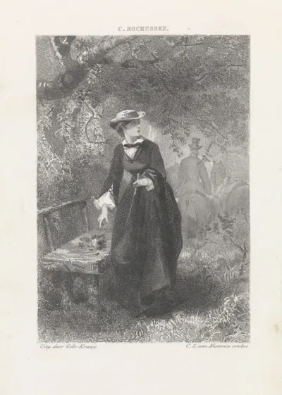 Jonge vrouw bij een bankje in het bos
