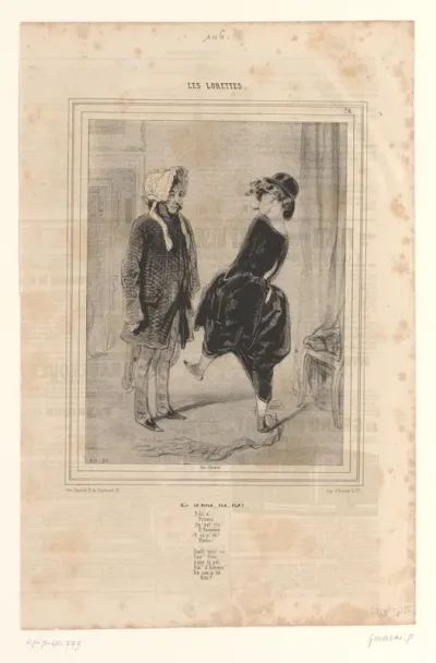 Jonge vrouw danst de cancan voor een verklede man