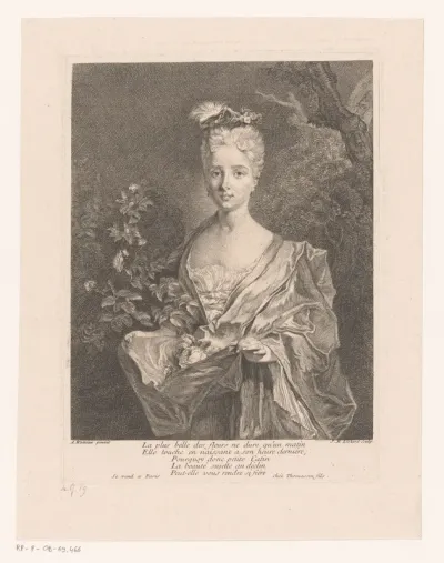 Jonge vrouw die haar rok ophoudt waarin bloemen, mogelijk Rosalba Carriera