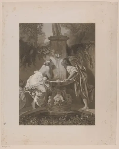 Jonge vrouw en man zitten op een rand bij een fontein