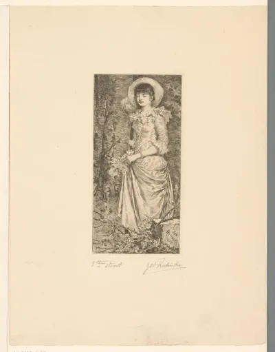 Jonge vrouw in een bos met bloemen in haar hand
