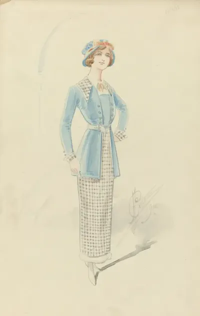 Jonge vrouw in zwart-wit geblokt ensemble, 1914