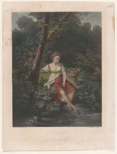 Jonge vrouw met bloemenkrans en voeten in het water