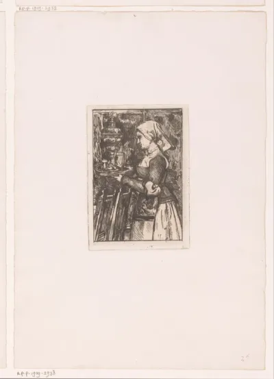 Jonge vrouw met dienblad bij een tafel