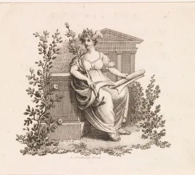 Jonge vrouw met een staf en een rol papier voor een tempel