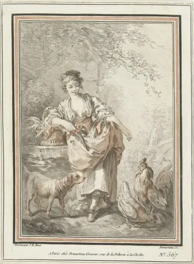 Jonge vrouw met hond en haan en hen