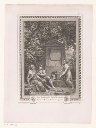 Jonge vrouw met kruik en twee mannen bij een fontein onder een appelboom