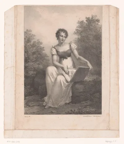 Jonge vrouw tekent buiten in een schetsboek