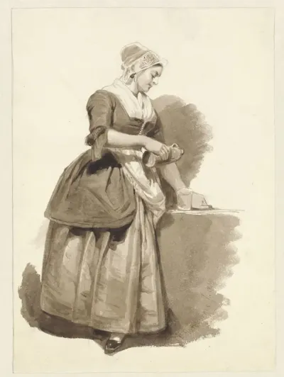 Jonge vrouw, uit een kruik een glas inschenkend