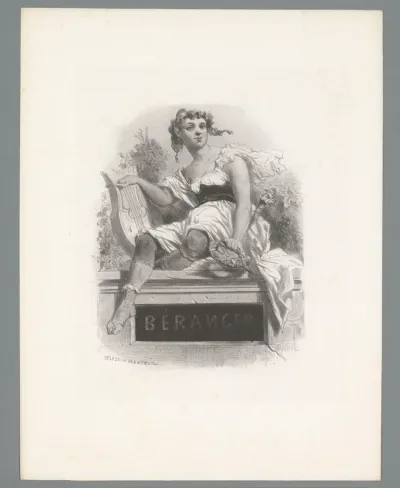 Jonge vrouw zittend op een monument voor Pierre-Jean de Béranger