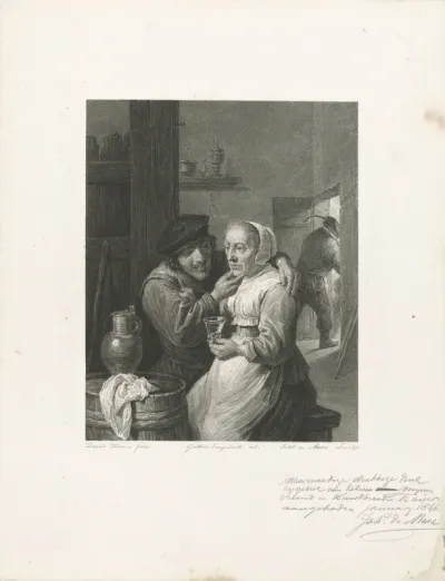 Jongeman en oude vrouw in een herberg