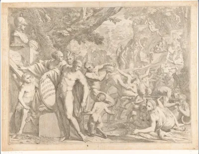 Jongeman met buste van Minerva en dansende saters