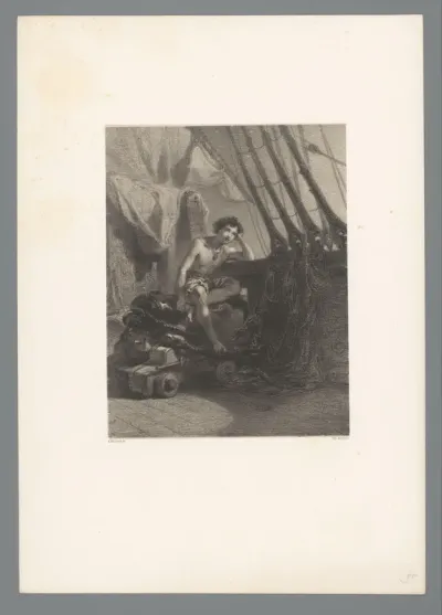 Jongeman op kanon aan boord van een schip