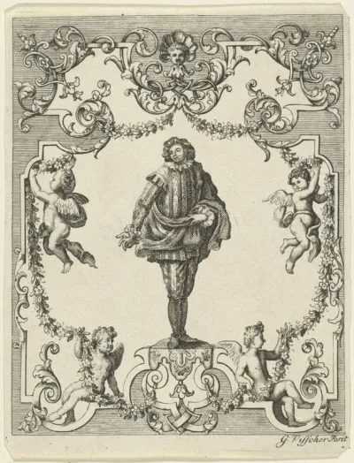 Jongeman op voetstuk in ornamentele omlijsting