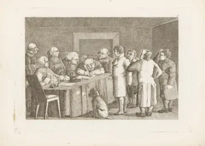 Jongeman voor een bureau met schrijvende mannen