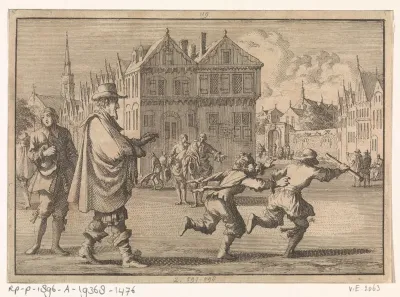 Jongen beledigt de burgemeester van Straatsburg door de stok van diens bediende weg te rukken, 1671