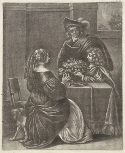 Jongen die een mand bloemen aanbiedt
