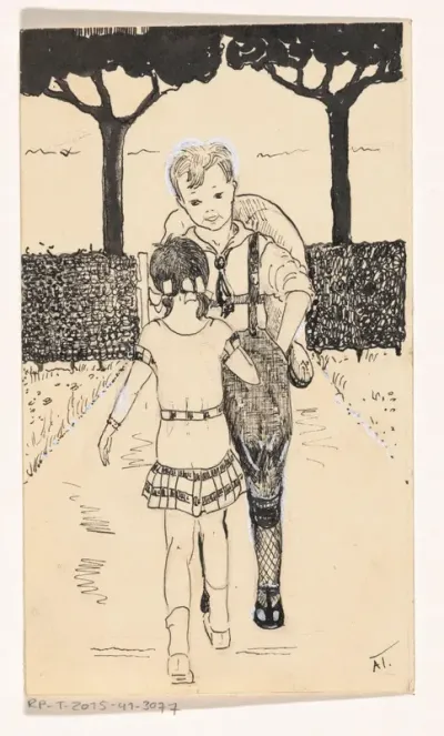 Jongen en meisje op een tuinpad