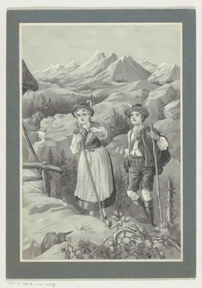 Jongen en meisje wandelen in een berglandschap
